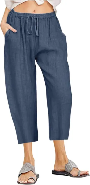 Women Cotton Linen Capris Casual Summer High Waisted Drawstring Carpi Pants Loose Comfy Cropped Trousers
