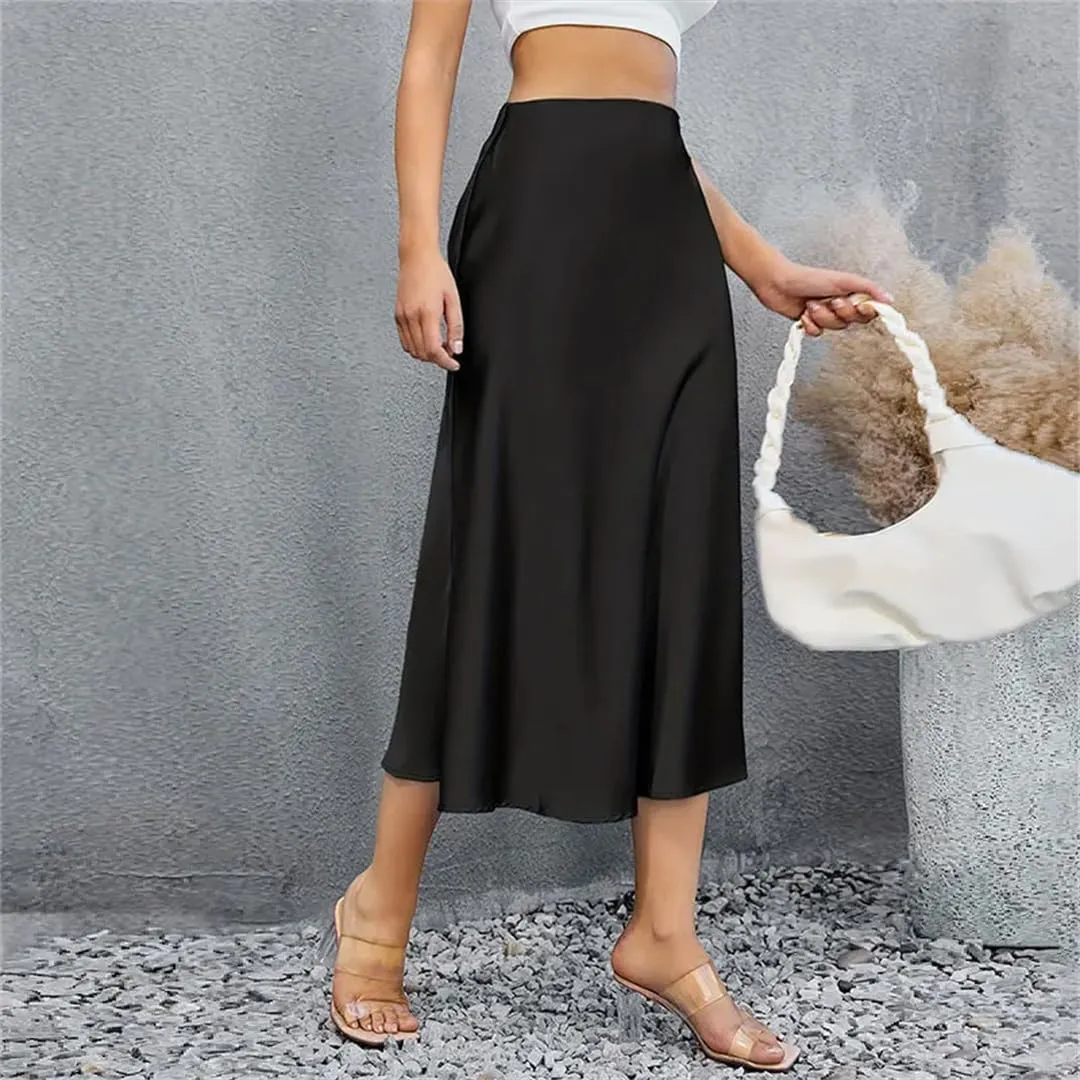 Women Fashion Satin Solid Pleated Midi Skirt Elastic Waist Female Skirts Korean Pencil Silk Skirt