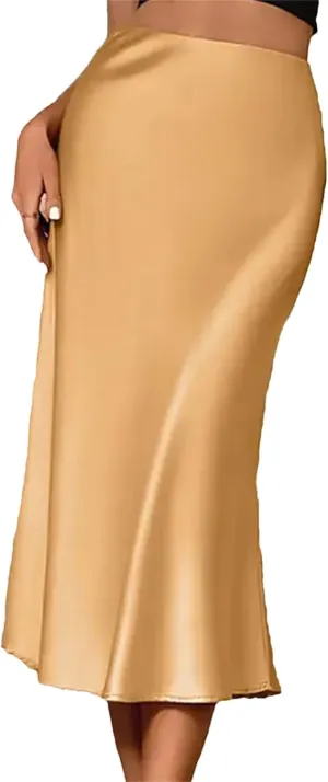 Women Fashion Satin Solid Pleated Midi Skirt Elastic Waist Female Skirts Korean Pencil Silk Skirt