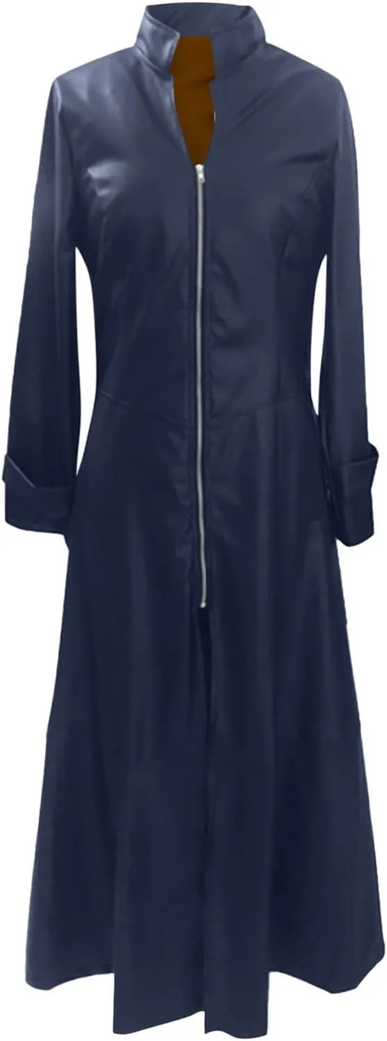 Women Faux Leather Motor Jackets Long Stand Collar Zipper Punk Pleather Dress Coats Windproof Slim Waist Trench Coats