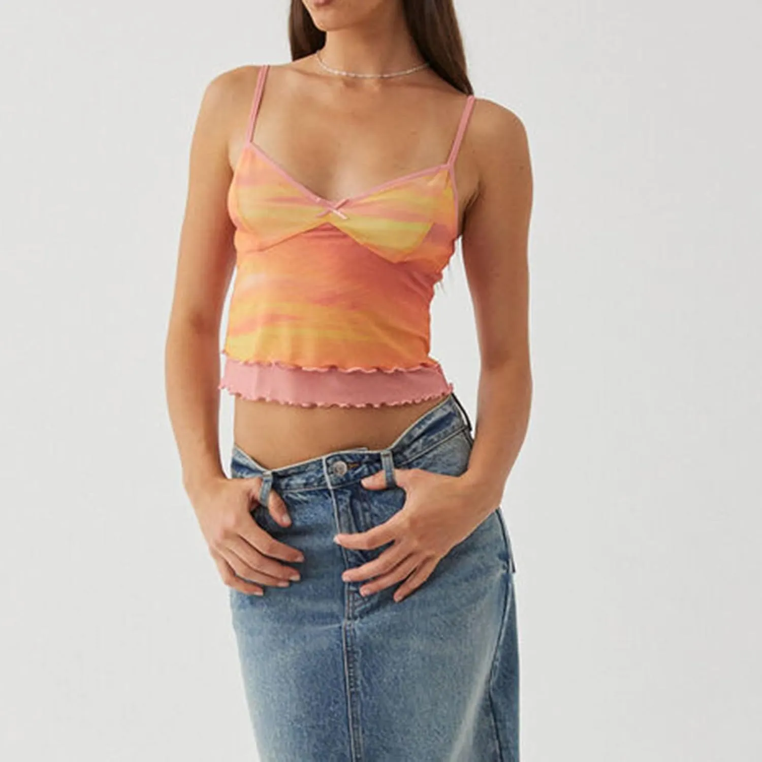 Women Floral Print Camisole Y2k V Neck Mesh Sheer Tank Top Coquette Spaghetti Strap Ruffle Layered Cami Tops