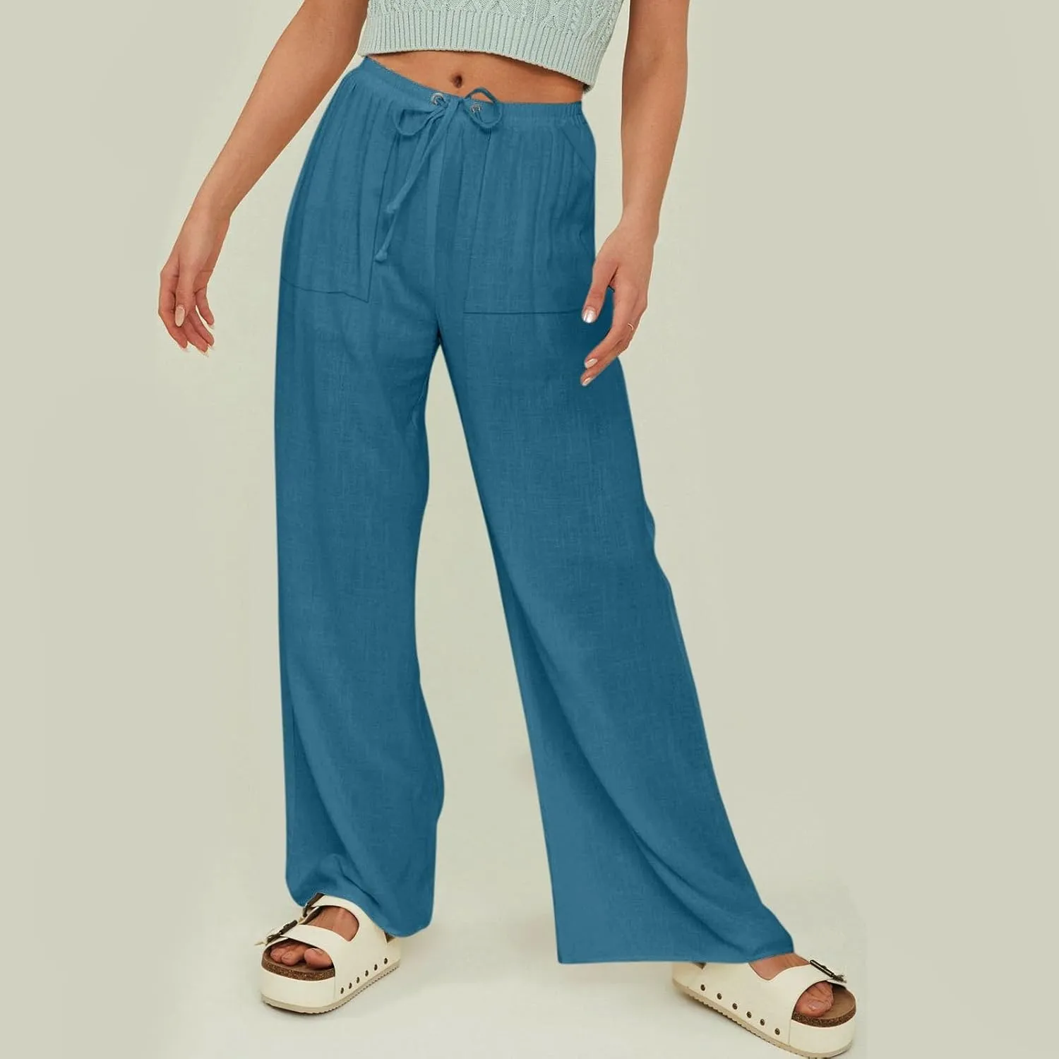 Women Linen Baggy Harem Pants Elastic High Waist Loose Slit Cropped Pants with Pockets with Pockets Women's Beach