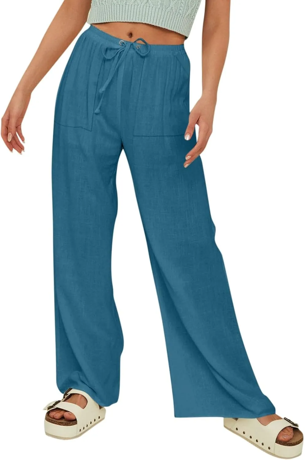 Women Linen Baggy Harem Pants Elastic High Waist Loose Slit Cropped Pants with Pockets with Pockets Women's Beach
