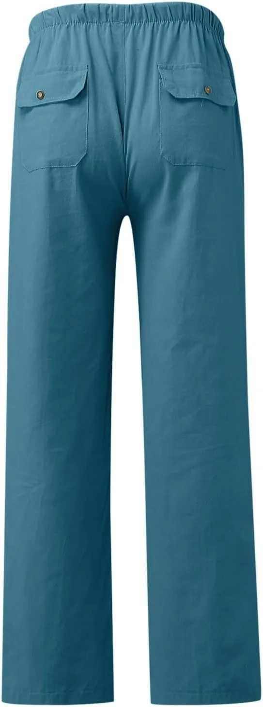 Women Linen Baggy Harem Pants Elastic High Waist Loose Slit Cropped Pants with Pockets with Pockets Women's Beach