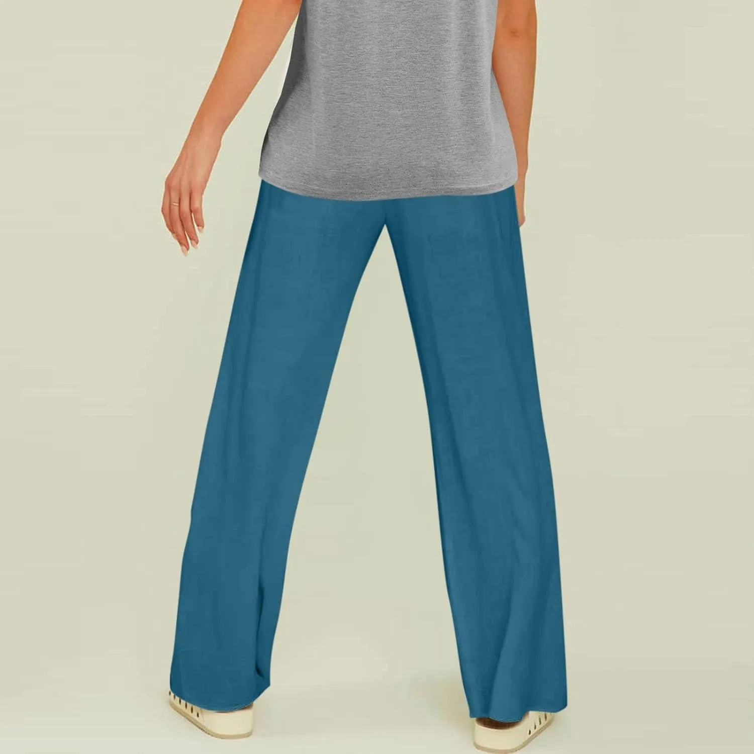 Women Linen Baggy Harem Pants Elastic High Waist Loose Slit Cropped Pants with Pockets with Pockets Women's Beach
