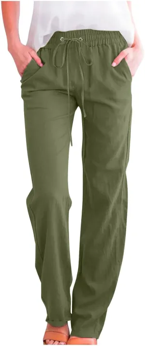Women Linen Pants 2025 Summer Casual High Waist Drawstring Wide Leg Trousers with Pockets Beach Vacation Clothes