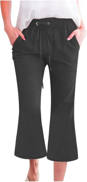 Women Linen Pants Summer Cotton and Linen Pocket Waist Slim Bell Bottom Pants Linen Blend Pants