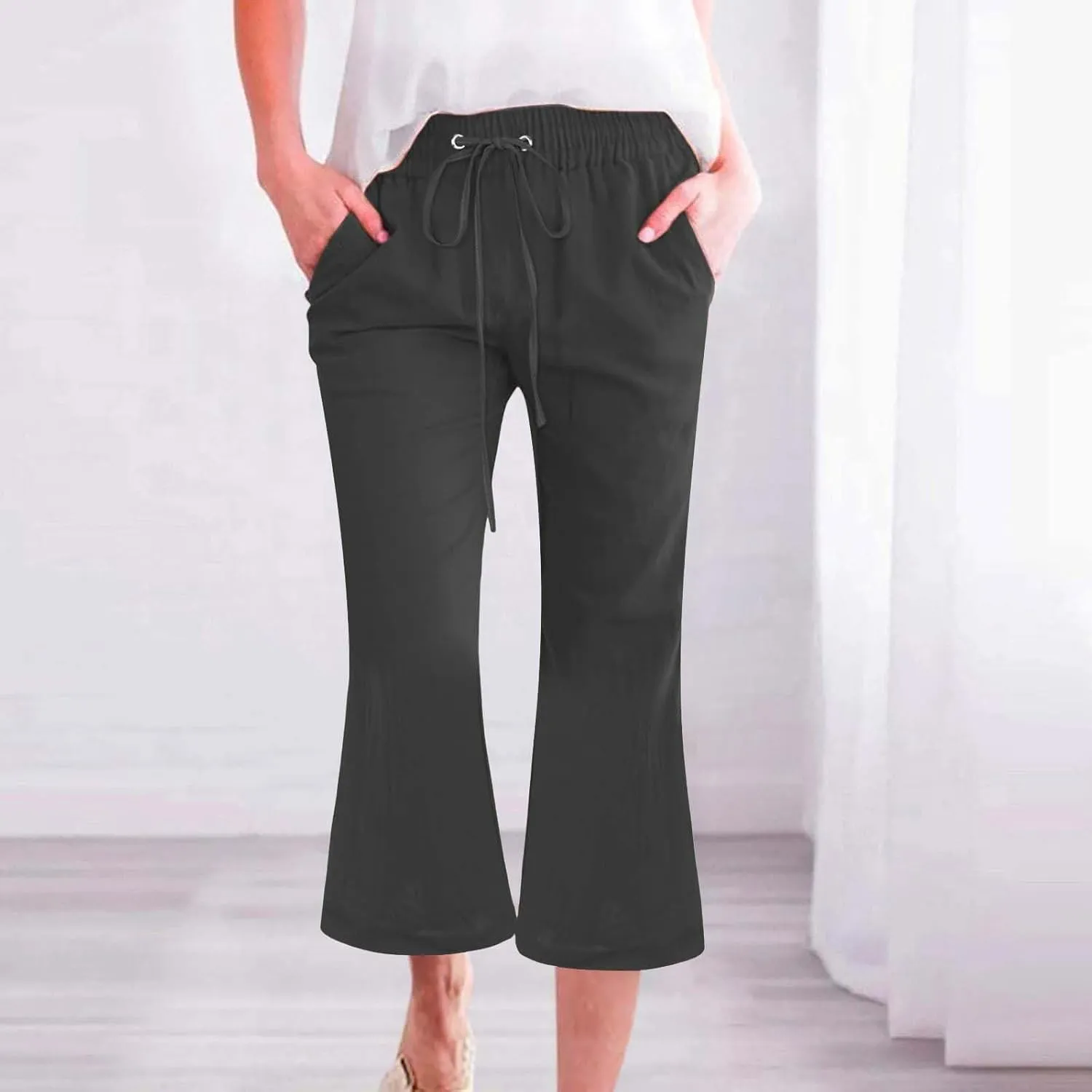 Women Linen Pants Summer Cotton and Linen Pocket Waist Slim Bell Bottom Pants Linen Blend Pants