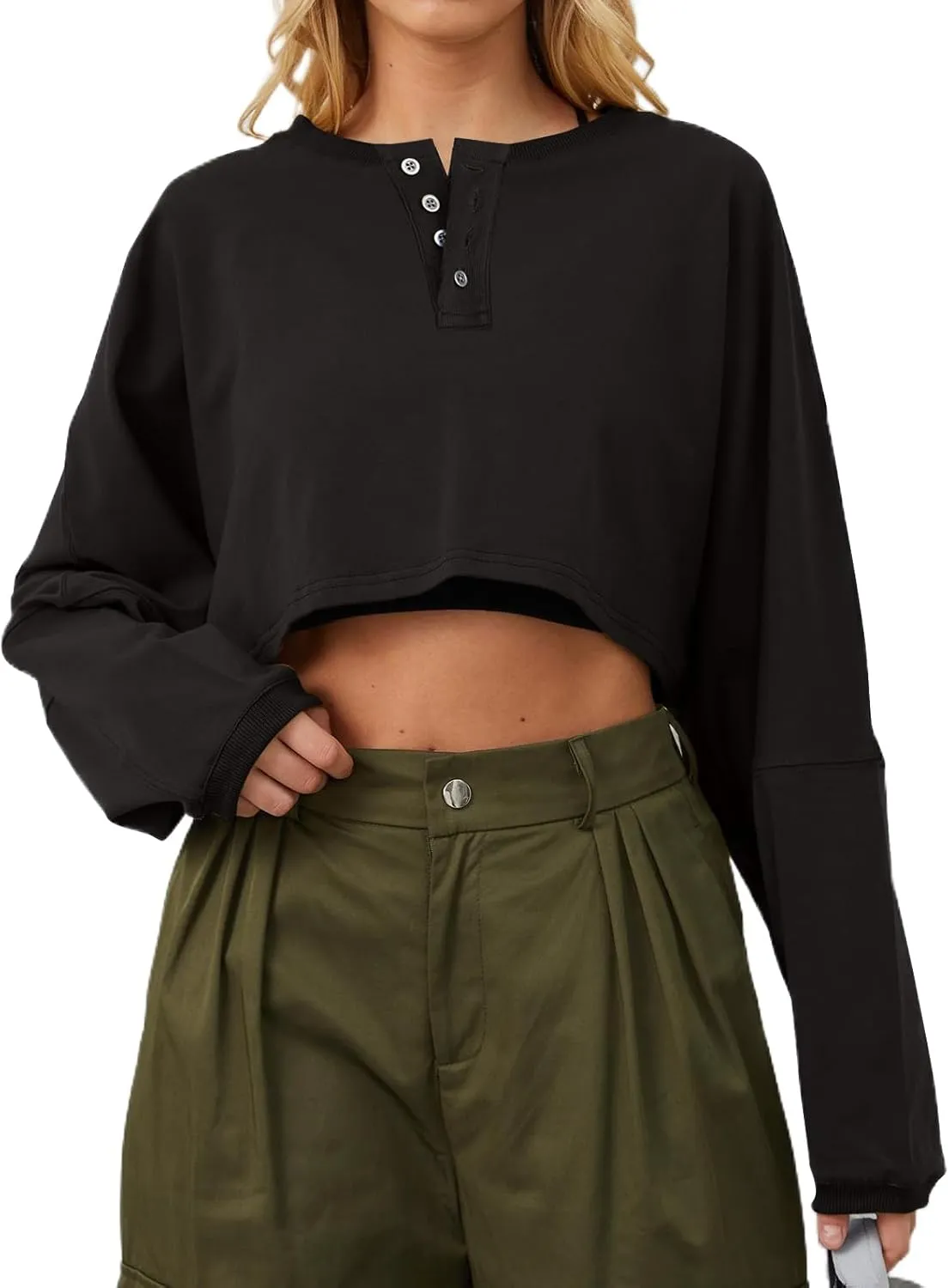 Women Oversized Button Down Long Sleeve Crop Sweatshirt Crew Neck Loose Fit Solid Work Out Cropped Pullover Tshirt