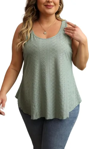 Women Plus Size Fashion Eyelet Tank Tops Flowy Scoop Neck Loose Fit Tank-Top Sleeveless Cami Camisole Shirts 1X-5X