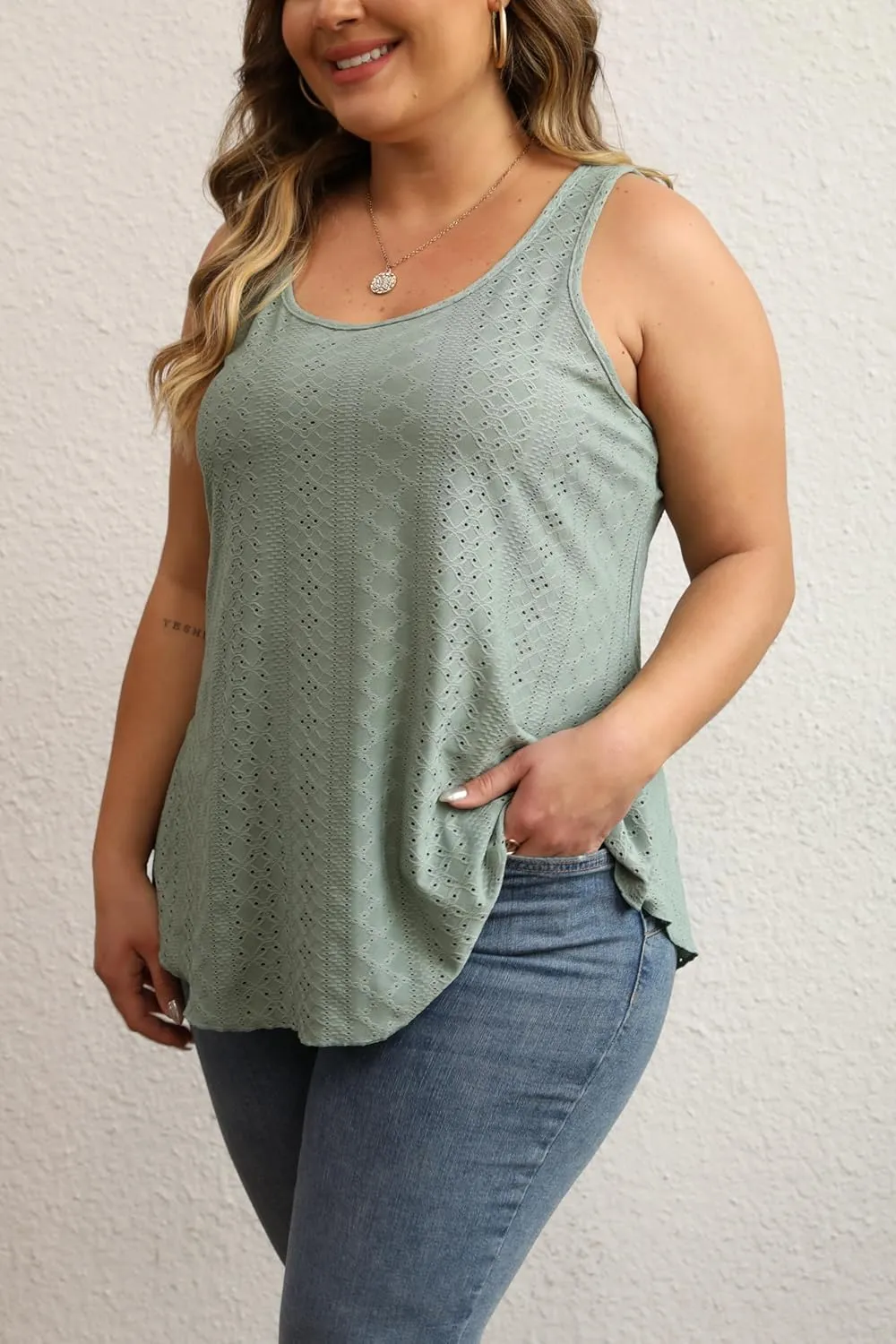 Women Plus Size Fashion Eyelet Tank Tops Flowy Scoop Neck Loose Fit Tank-Top Sleeveless Cami Camisole Shirts 1X-5X