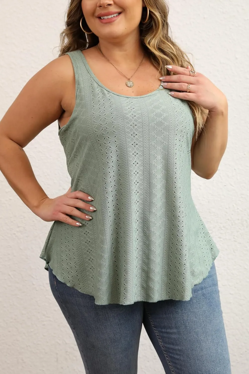 Women Plus Size Fashion Eyelet Tank Tops Flowy Scoop Neck Loose Fit Tank-Top Sleeveless Cami Camisole Shirts 1X-5X