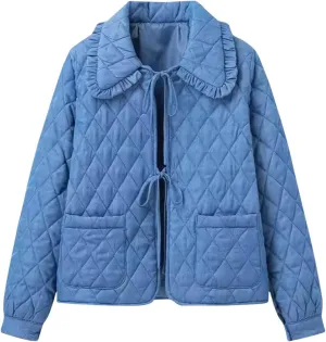 Women Quilted Puffer Jackets Lightweight Long Sleeve Winter Cropped Cotton Padded Coat Jacket Tie Front Puffy Outwear