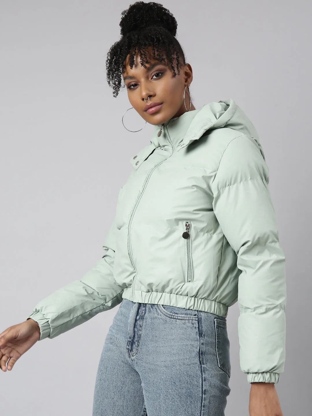 Women Solid Sea Green Puffer Jacket Comes with Detachable Hood