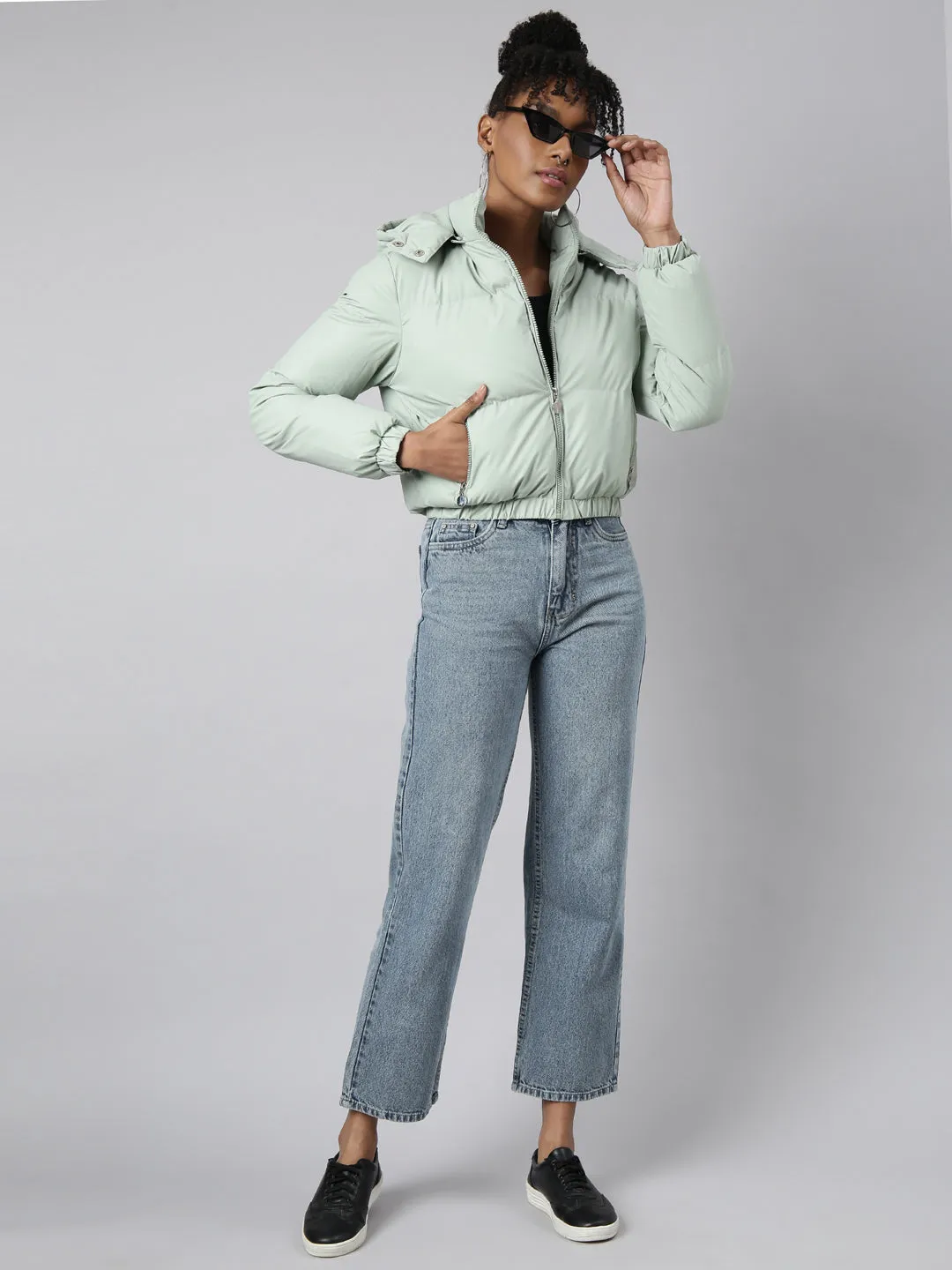 Women Solid Sea Green Puffer Jacket Comes with Detachable Hood