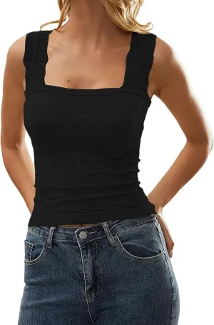 Women Square Neck Wide Strap Floral Crop Tank Top Sleeveless Lettuce Trim Solid Slim Cropped Cami Vest Tops