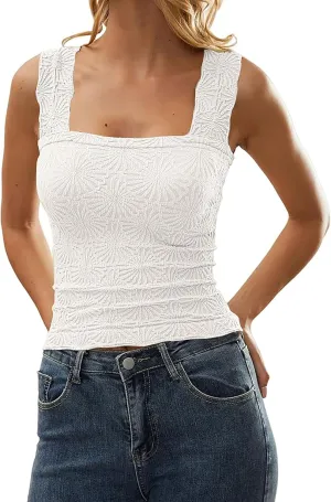 Women Square Neck Wide Strap Floral Crop Tank Top Sleeveless Lettuce Trim Solid Slim Cropped Cami Vest Tops