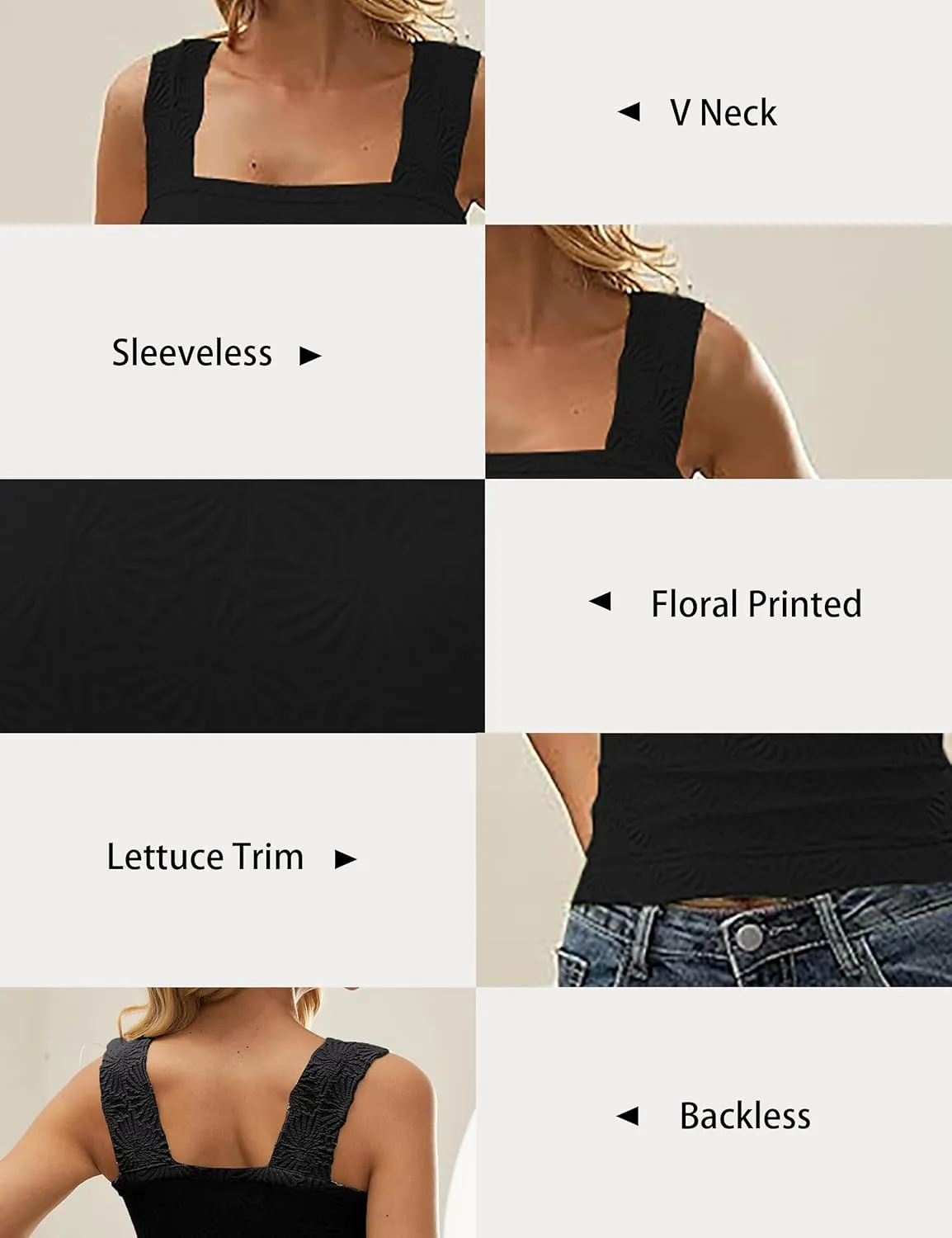 Women Square Neck Wide Strap Floral Crop Tank Top Sleeveless Lettuce Trim Solid Slim Cropped Cami Vest Tops