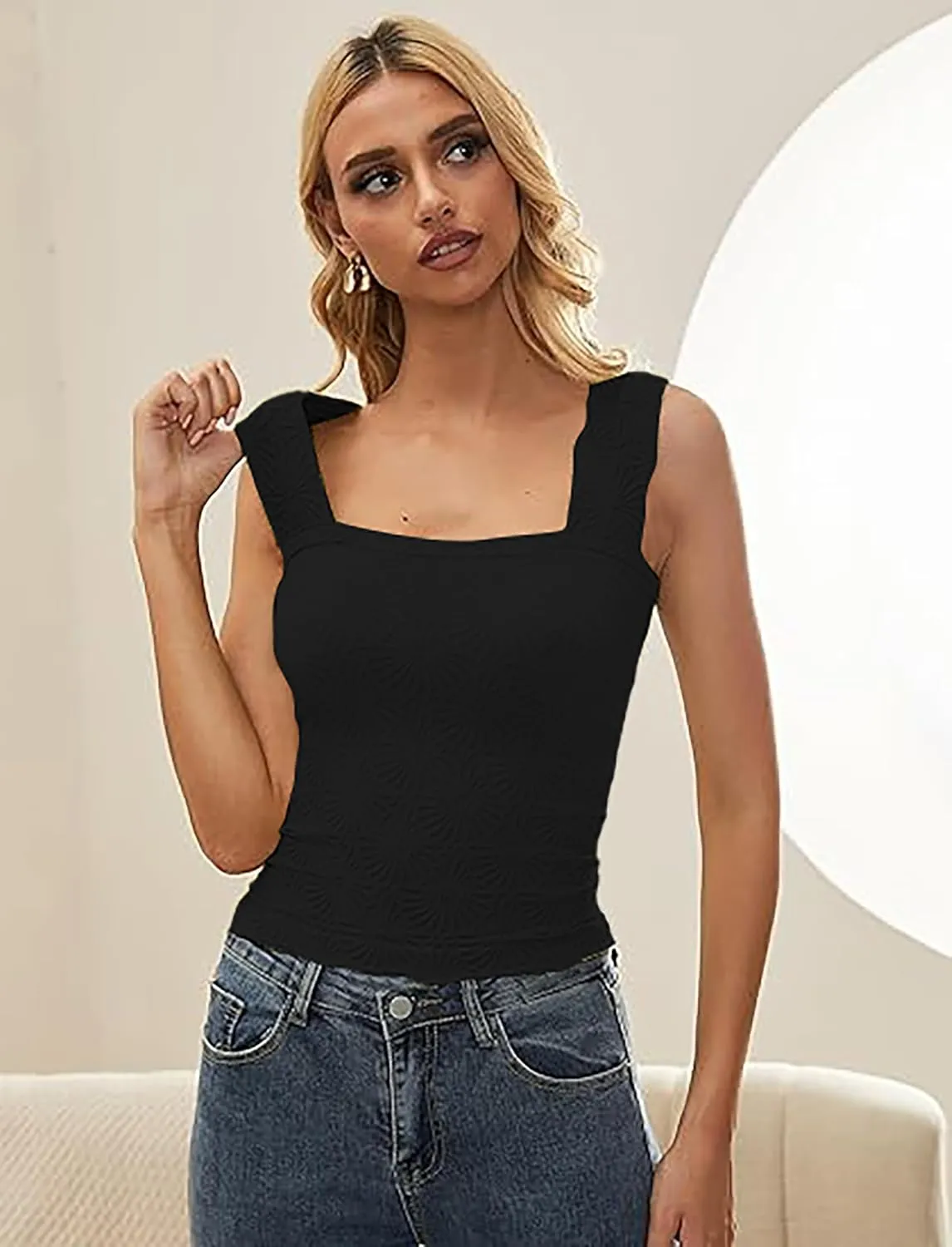 Women Square Neck Wide Strap Floral Crop Tank Top Sleeveless Lettuce Trim Solid Slim Cropped Cami Vest Tops