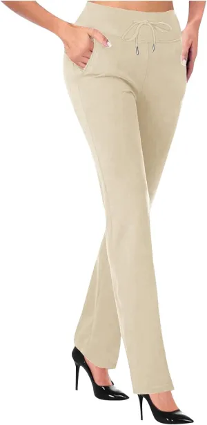 Women Straight Leg Work Pants Dressy Casual Trousers Solid Stretch Slim Fit Yoga Pant High Waist Slacks with Pocket