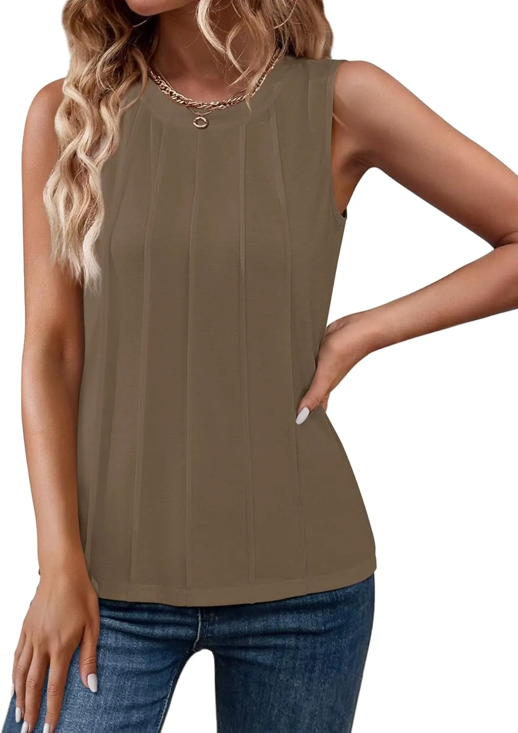 Women Summer Pleated Tank Tops 2025 Trendy Sleeveless Crewneck Tops Loose fit Dressy Casual Work Shirts