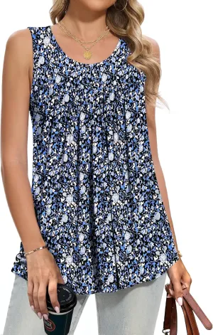 Women Tank Tops 2025 Summer Sleeveless Top Pleated Round Neck Flowy Shirts M-3X