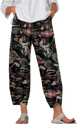 Women Trousers Wide Casual Elastic Waist Lady Pants Leg Print Flowers Pants Womens High Waist (O-Black, L)