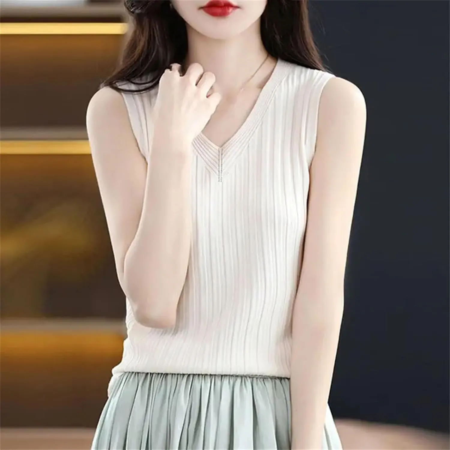 Women V-Neck Ice Silk Knitted Camisole Inner Base Top Slim Fit Hollow Thin Sleeveless T-Shirt