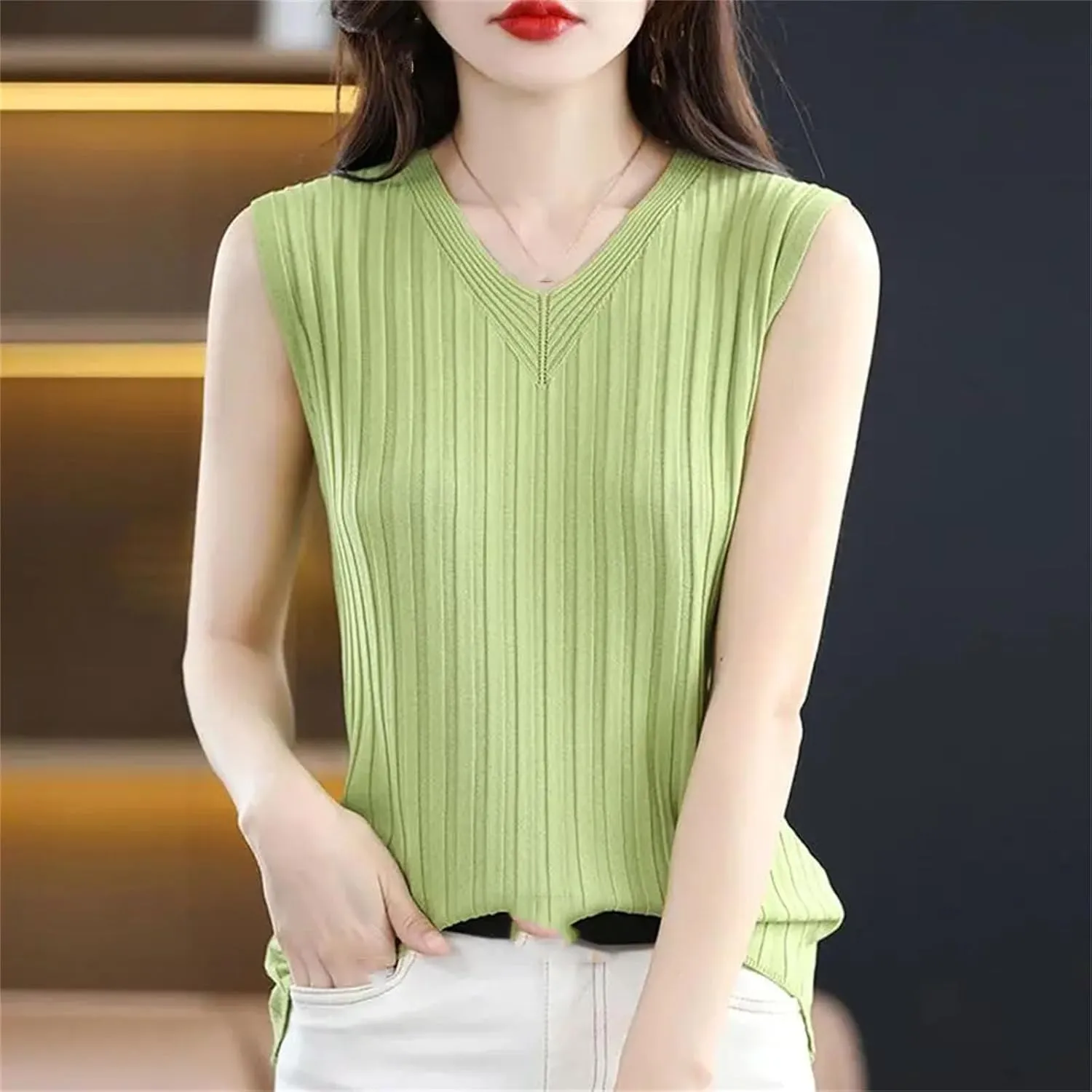 Women V-Neck Ice Silk Knitted Camisole Inner Base Top Slim Fit Hollow Thin Sleeveless T-Shirt