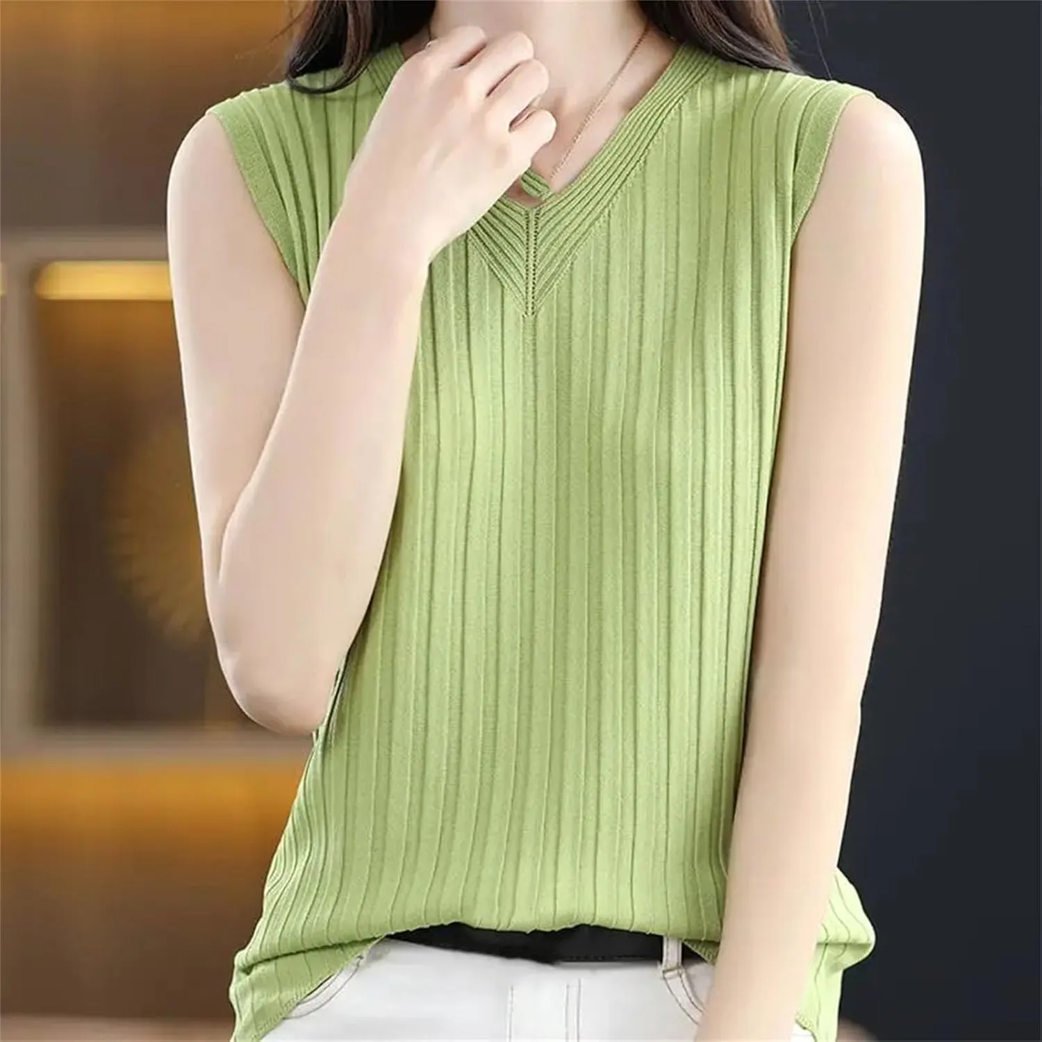 Women V-Neck Ice Silk Knitted Camisole Inner Base Top Slim Fit Hollow Thin Sleeveless T-Shirt