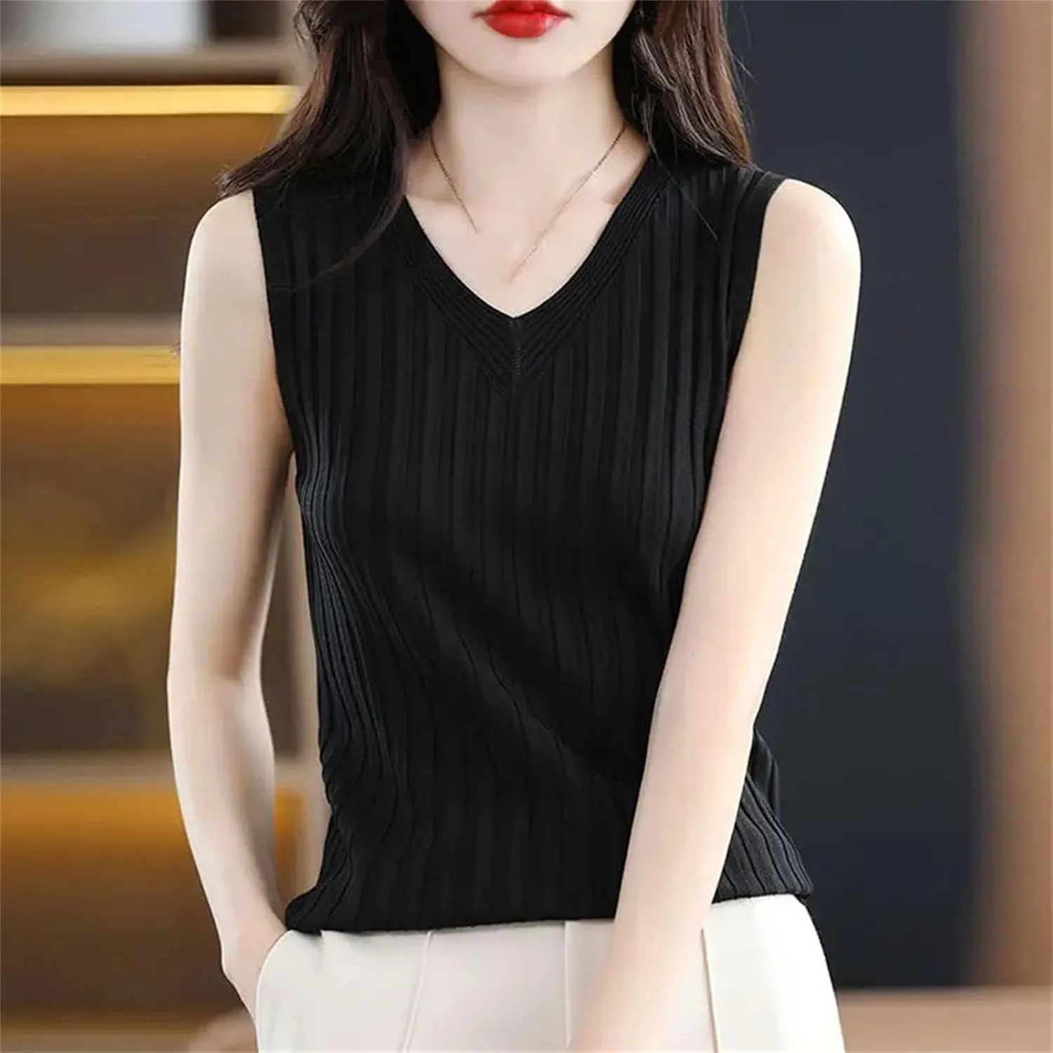 Women V-Neck Ice Silk Knitted Camisole Inner Base Top Slim Fit Hollow Thin Sleeveless T-Shirt