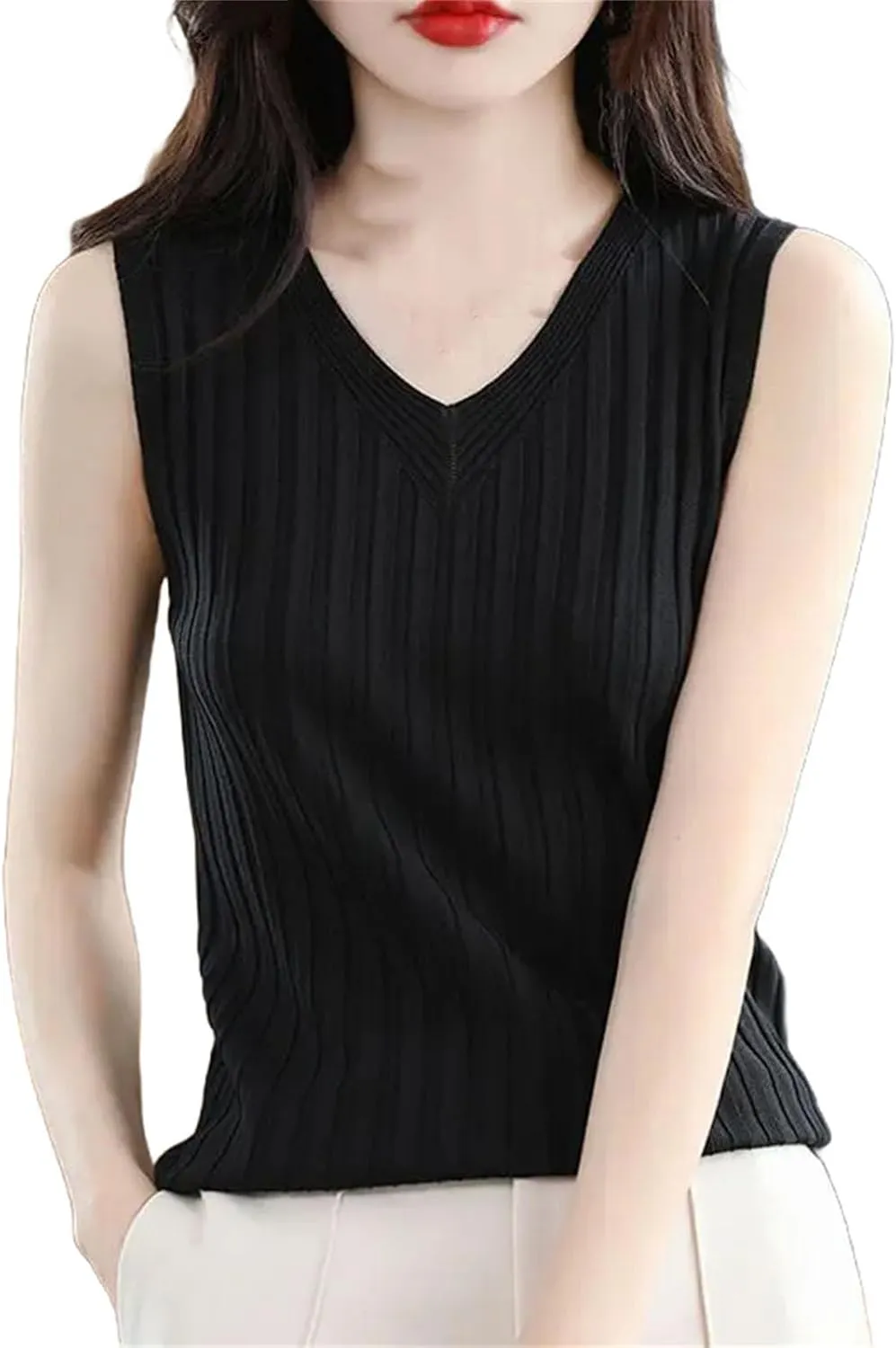 Women V-Neck Ice Silk Knitted Camisole Inner Base Top Slim Fit Hollow Thin Sleeveless T-Shirt