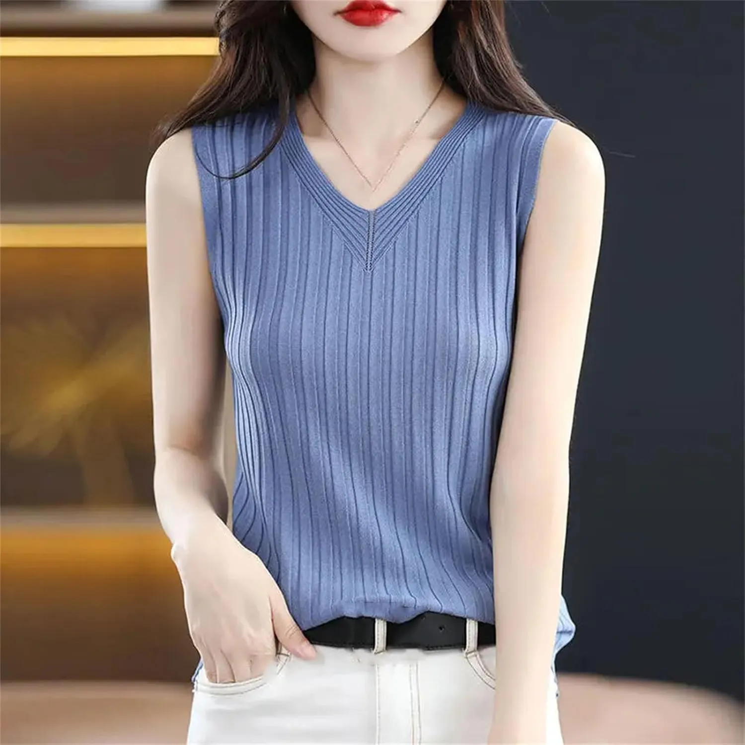 Women V-Neck Ice Silk Knitted Camisole Inner Base Top Slim Fit Hollow Thin Sleeveless T-Shirt
