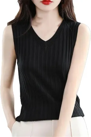 Women V-Neck Ice Silk Knitted Camisole Inner Base Top Slim Fit Hollow Thin Sleeveless T-Shirt