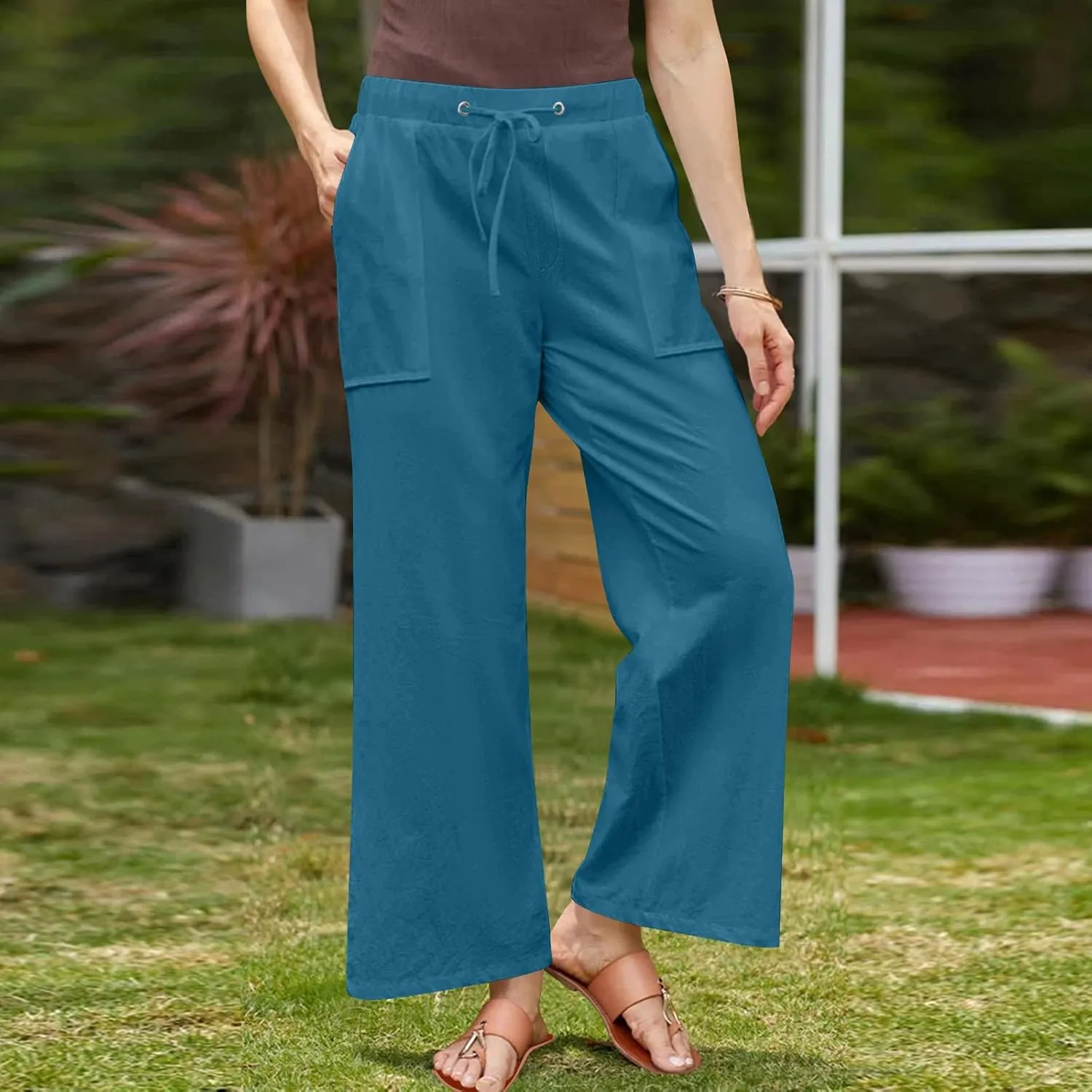 Women Wide Leg Linen Pants 2025 Summer Casual Jogging Pants Drawstring High Waisted Trousers with Pockets