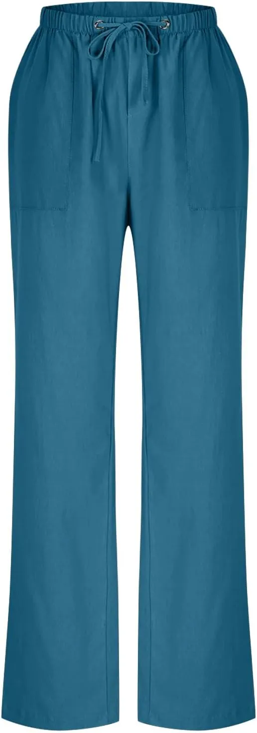 Women Wide Leg Linen Pants 2025 Summer Casual Jogging Pants Drawstring High Waisted Trousers with Pockets