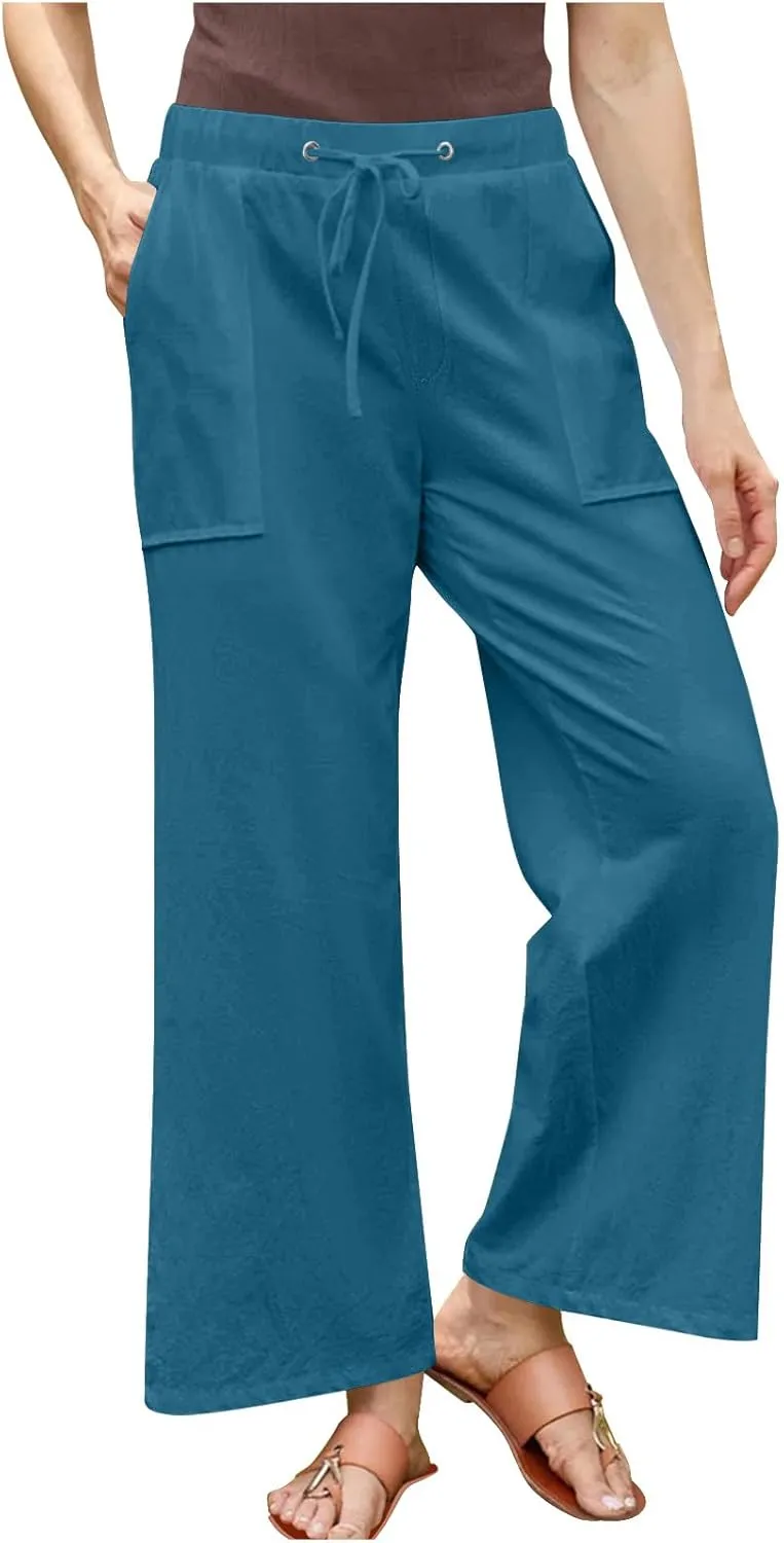 Women Wide Leg Linen Pants 2025 Summer Casual Jogging Pants Drawstring High Waisted Trousers with Pockets