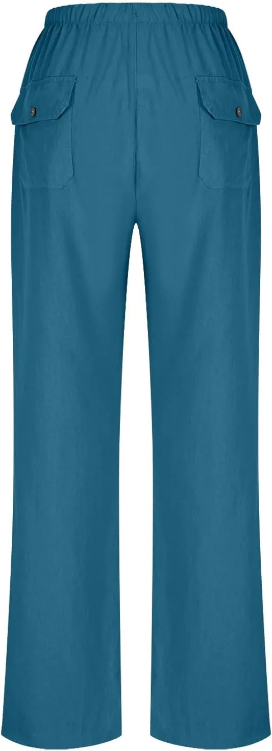 Women Wide Leg Linen Pants 2025 Summer Casual Jogging Pants Drawstring High Waisted Trousers with Pockets