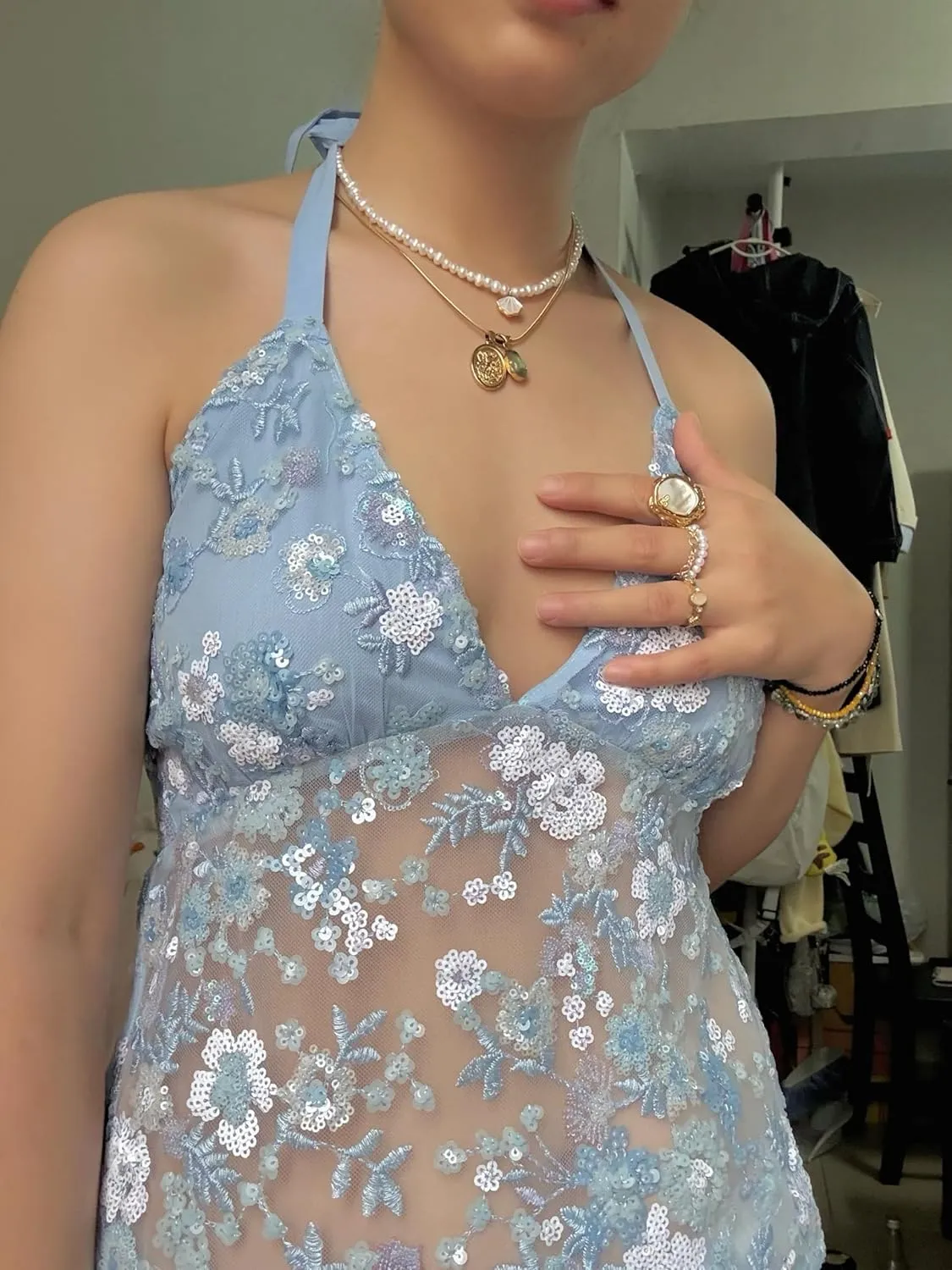 Women Y2k Floral Sequin Tank Top Glitter Embroidered Mesh Camisole Sparkly Halter Neck Backless Cami Crop Tops