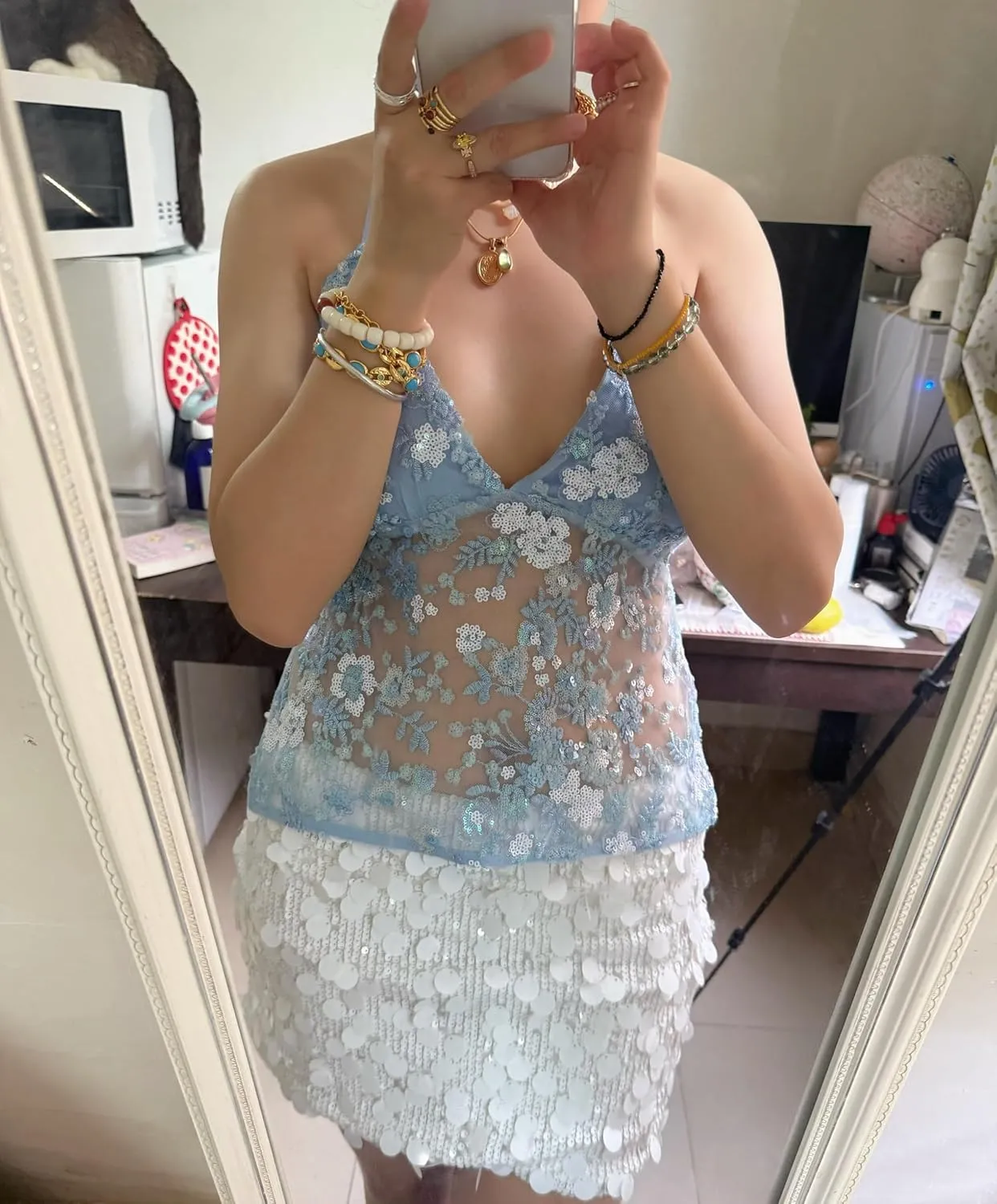 Women Y2k Floral Sequin Tank Top Glitter Embroidered Mesh Camisole Sparkly Halter Neck Backless Cami Crop Tops