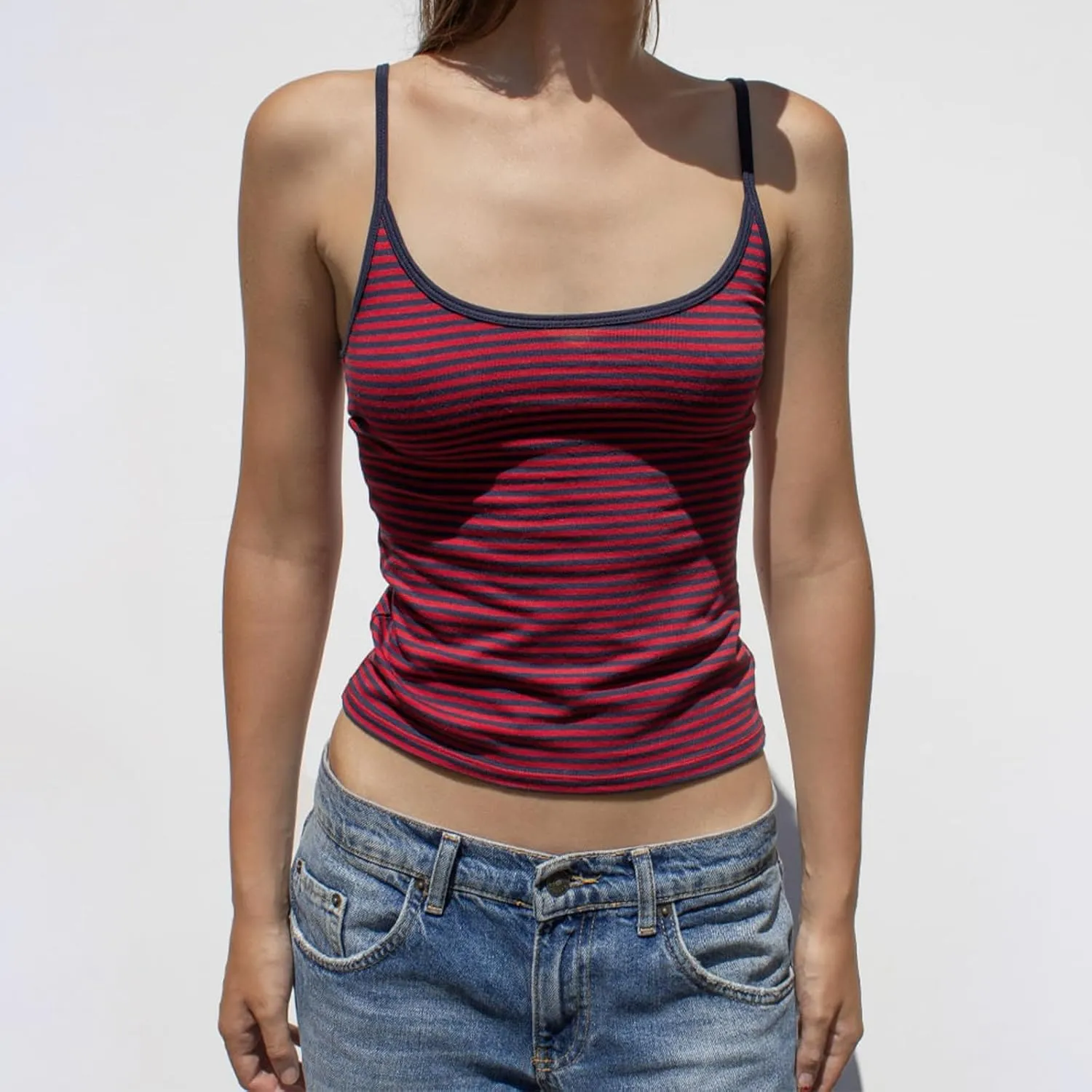Women Y2K Stripe Print Camisole Preppy Spaghetti Strap Scoop Neck Tank Tops Aesthetic Sleeveless Crop Tops