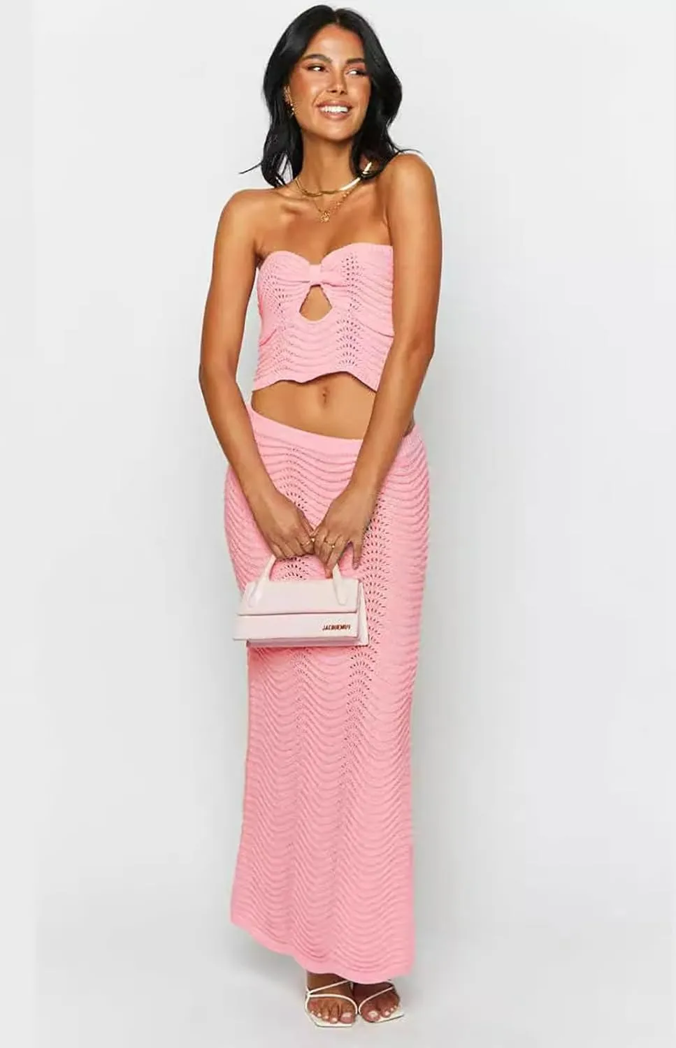 Womens 2 Piece Outfits Skirt Set Knit Tube Crop Top High Slit Bodycon Maxi Dress Y2K Going Out Vacation Set