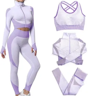 Women's 3pcs Seamless Workout Outfits Sets, Yoga Sportswear Tracksuit Leggings and Stretch Sports Bra Fitness