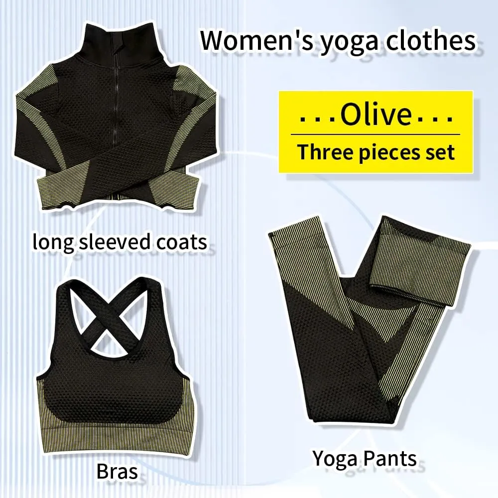 Women's 3pcs Seamless Workout Outfits Sets, Yoga Sportswear Tracksuit Leggings and Stretch Sports Bra Fitness