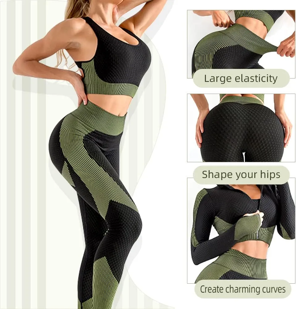 Women's 3pcs Seamless Workout Outfits Sets, Yoga Sportswear Tracksuit Leggings and Stretch Sports Bra Fitness
