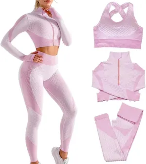 Women's 3pcs Seamless Workout Outfits Sets, Yoga Sportswear Tracksuit Leggings and Stretch Sports Bra Fitness