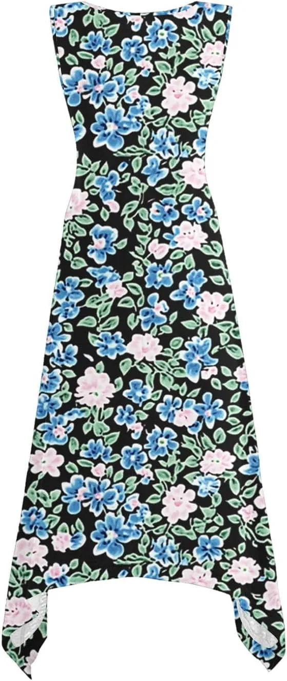 Women's Beach Sleeveless Midi Dress Summer Casual Tank Dresses Floral Print Loose A-Line Tank Sundress with Pockets