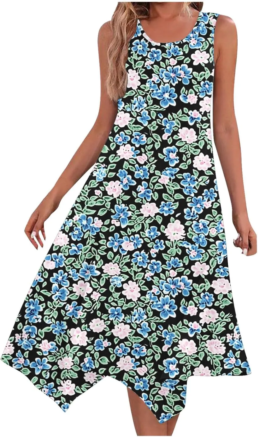Women's Beach Sleeveless Midi Dress Summer Casual Tank Dresses Floral Print Loose A-Line Tank Sundress with Pockets
