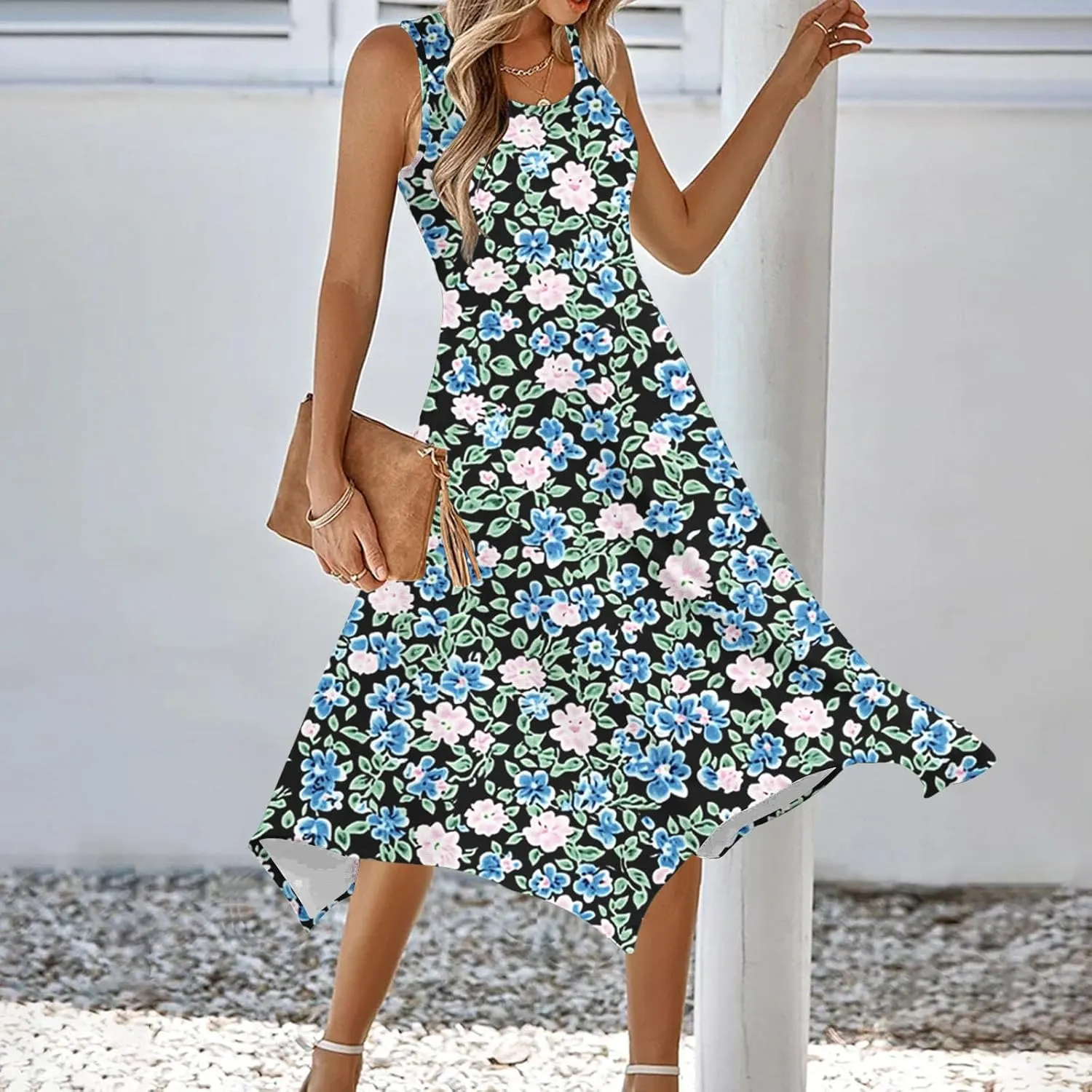Women's Beach Sleeveless Midi Dress Summer Casual Tank Dresses Floral Print Loose A-Line Tank Sundress with Pockets