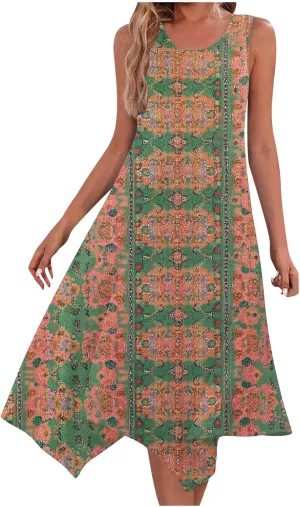Women's Beach Sleeveless Midi Dress Summer Casual Tank Dresses Floral Print Loose A-Line Tank Sundress with Pockets